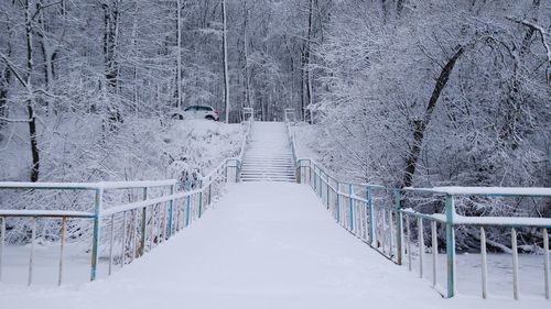 Snow covered footbridge in forest