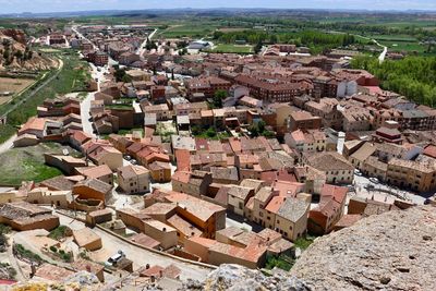 High angle view of buildings in town