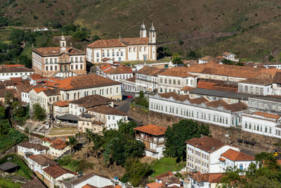 High angle view of buildings in town