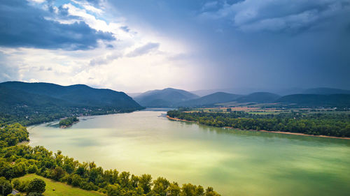 Aerial view danube river visegrad hungary. summer rain stormy weather. danube river valley panorama.