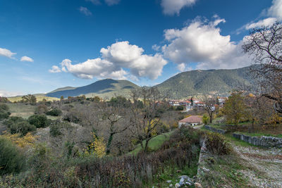 Scenic view of mountains against cloudy sky