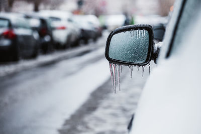 Close-up of car on snow