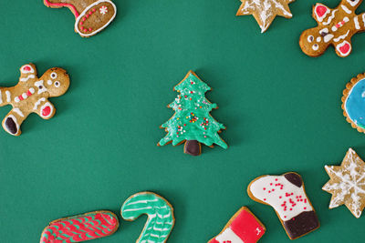 High angle view of christmas decorations on table