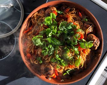 High angle view of vegetables in bowl on table