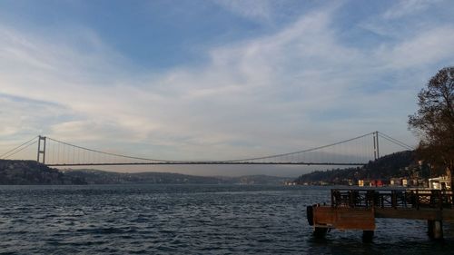 View of suspension bridge over sea