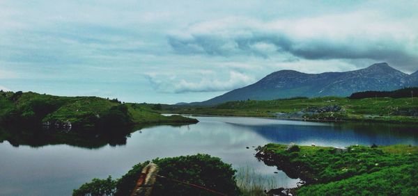 Scenic view of lake against cloudy sky