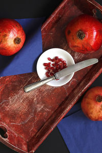 High angle view of fruits in bowl on table