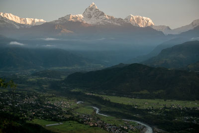 Scenic view of snowcapped mountains during sunrise