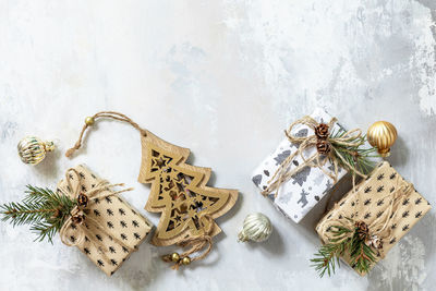 High angle view of christmas decorations on table