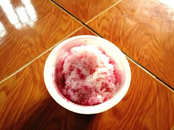 High angle view of ice cream in bowl on table