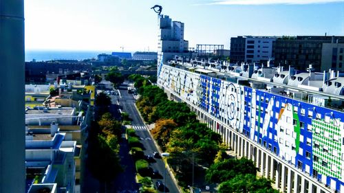 High angle view of city buildings