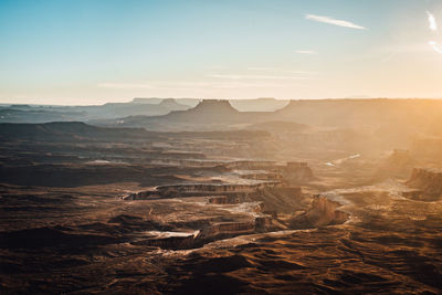 Aerial view of landscape against sky during sunset