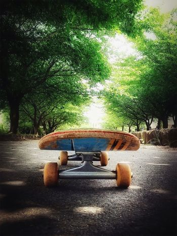 Close-up of a skateboard on road along trees