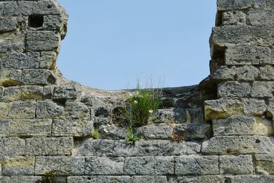 Low angle view of old ruin against sky