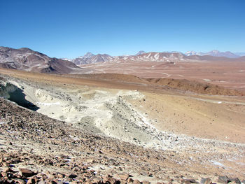 Scenic view of desert against clear blue sky