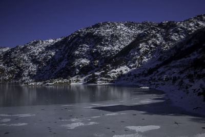 Scenic view of snowcapped mountains against clear sky