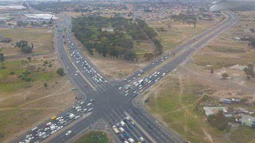 High angle view of traffic on road in city