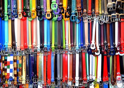 Full frame shot of colorful belts for sale at market stall