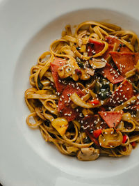 High angle view of noodles in plate