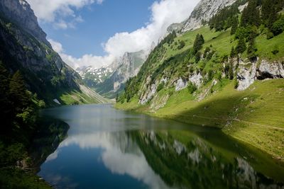 Scenic view of lake and mountains against sky