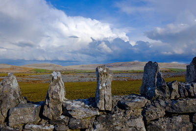 Panoramic view of rocks on landscape against sky