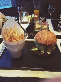 Close-up of served food on table