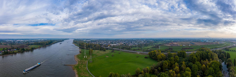 Panoramic view on riverboats on the rhine. aerial photography by drone.