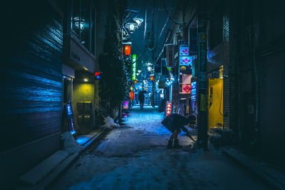 People standing on alley amidst illuminated buildings at night