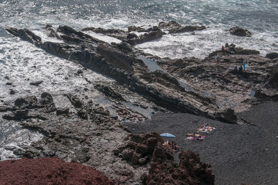 High angle view of people on rock