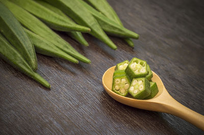 High angle view of chopped vegetables on table