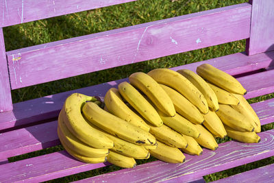 High angle view of bananas on bench
