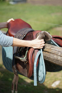 Midsection of person riding horse on field