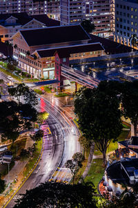High angle view of light trails on road at night