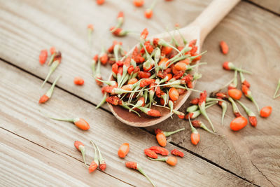 Close-up of red chili peppers on table