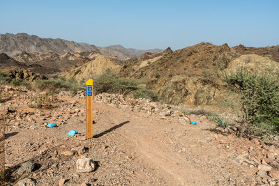 Scenic view of land and mountains against clear sky