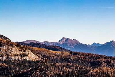 Scenic view of mountains against clear blue sky