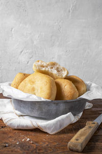 High angle view of bread in bowl on table