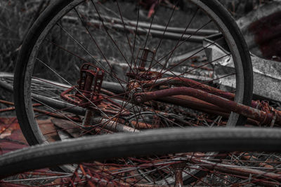 Close-up of rusty bicycle wheel