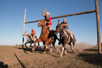 Group of people riding horse on field against clear sky