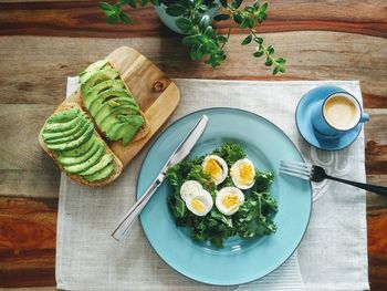 High angle view of breakfast served on table