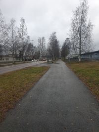 Road amidst trees and buildings against sky