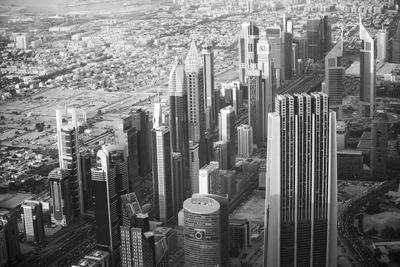 High angle view of modern buildings in city