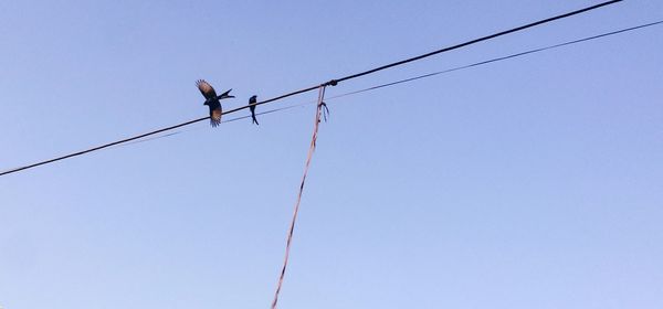 Low angle view of electricity pylon against clear sky