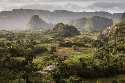 Scenic view of landscape and mountains against sky