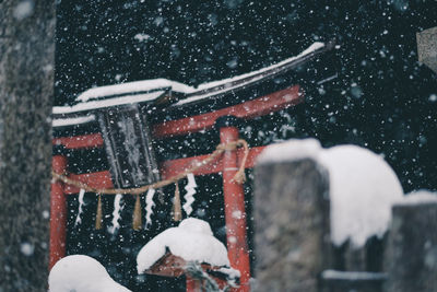 View of torii gate during snowfall