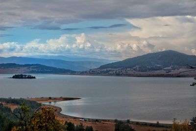 Scenic view of lake and mountains against sky