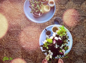 High angle view of breakfast served on table