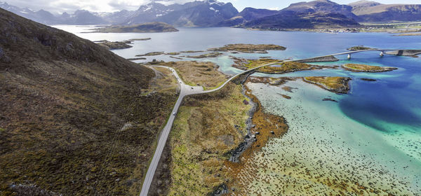 Scenic view of sea and mountains at lofoten roadtrip against sky