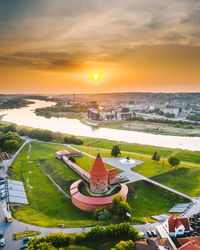 High angle view of building during sunset