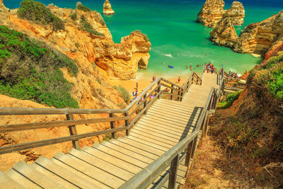 High angle view of footbridge by sea